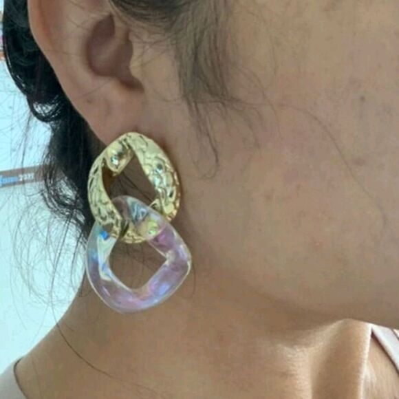 Gold Statement Hoop Earrings Chunky Clear Resin Chain Link Oversized 💖 - Picture 5 of 12